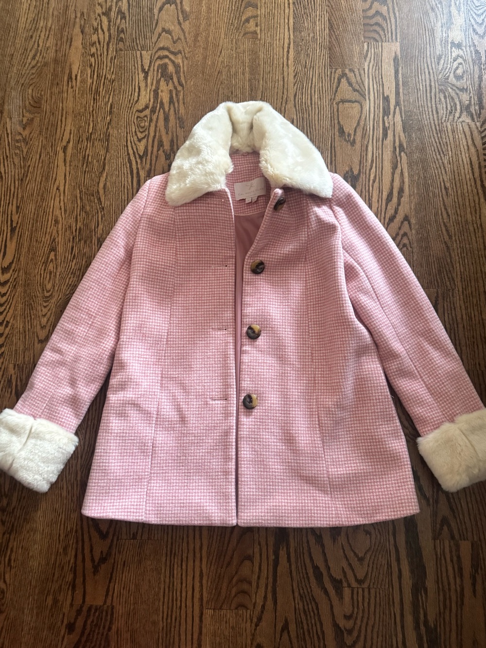 Gal Meets Glam Eloise Pink Coat with Cream Faux-Fur, Size Small, Houndstooth - Picture 3 of 11
